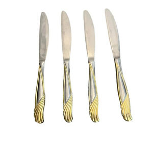 Cambridge Stainless Florentine Set of 4 Solid Butter Knives Silver Gold 8 5/8"